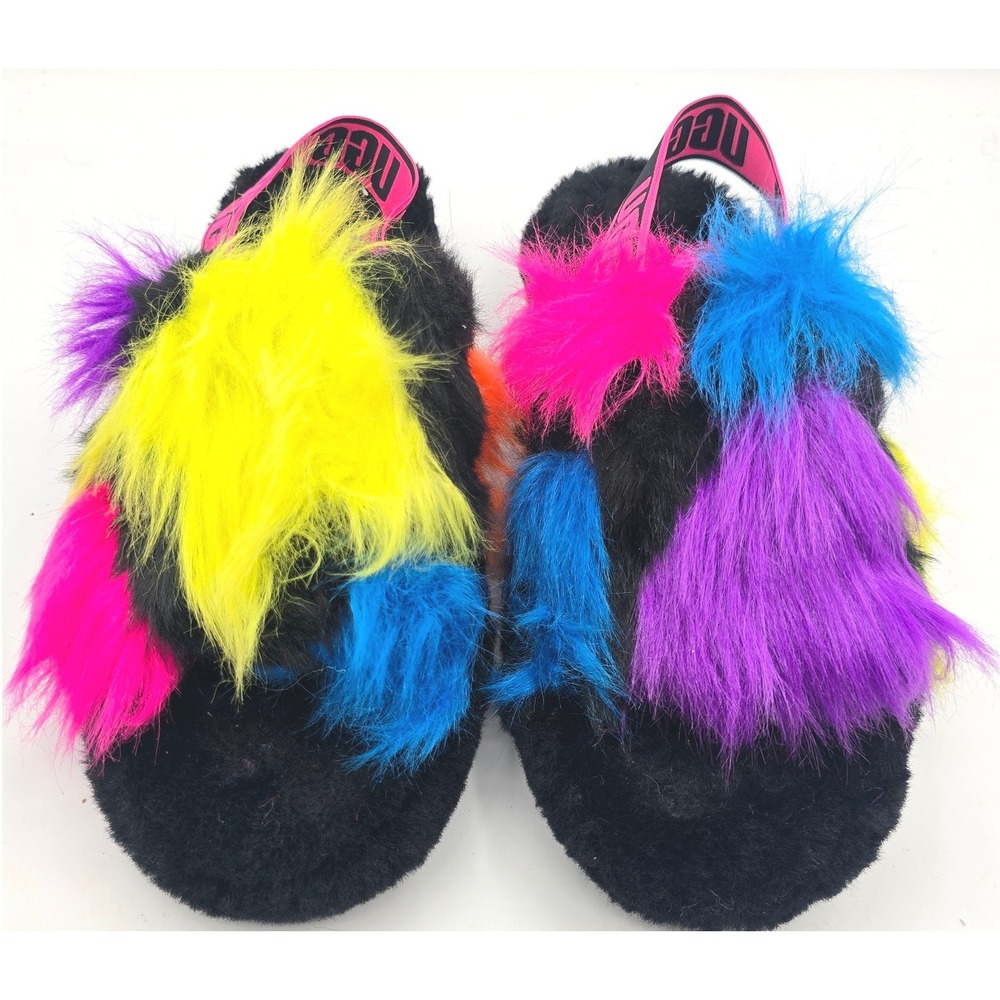 UGG Fluff Yeah Party Spots Slides Black Multicolor Womens 8 Fur Sandals Slippers - Picture 2 of 10